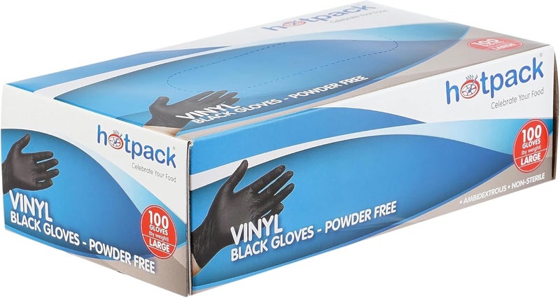 Hotpack Disposable Vinyl Gloves - Black, Large, Powder Free, Non Sterile, Food Safe, 100 Pieces - Image 1
